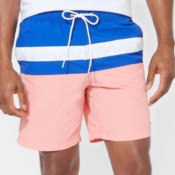 Nautica Men's Color blocked 8" Swim Trunks Neon coral pink Size S MSRP $60 - Picture 1 of 1